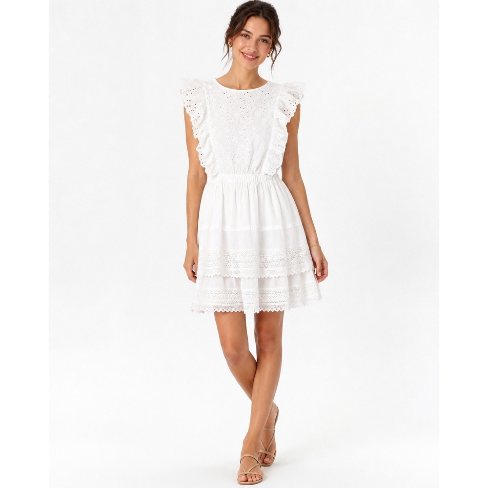 H&M White Eyelet Lace‎ Ruffle Tiered Mini Dress Cotton Size 4
